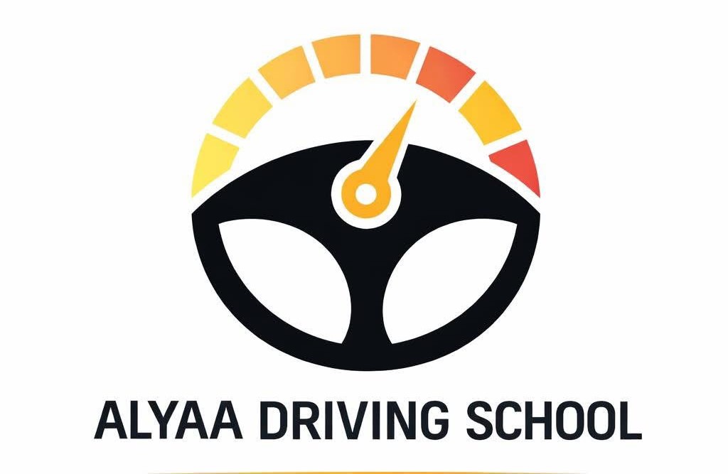 Alyaa Driving School logo with steering wheel and speedometer