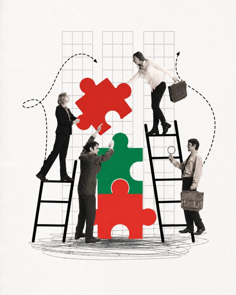 Team assembling puzzle pieces, symbolizing digital transformation consulting services.